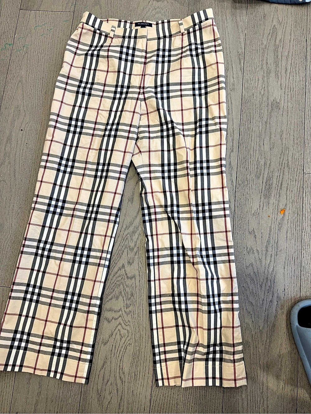 Burberry Plaid Straight Leg Pants in Beige & Black Size